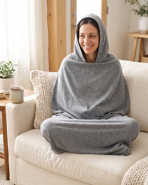 Woman wrapped hood to toe in the grey Hooded Cocoon Blanket on a sofa
